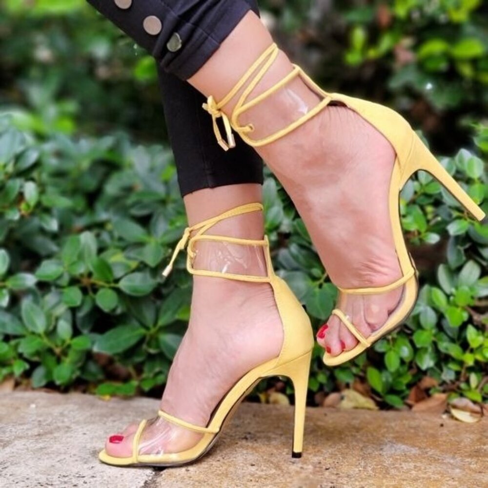 Yellow Faux Suede Lace Up Sandals Clear Vinyl Heels for Women